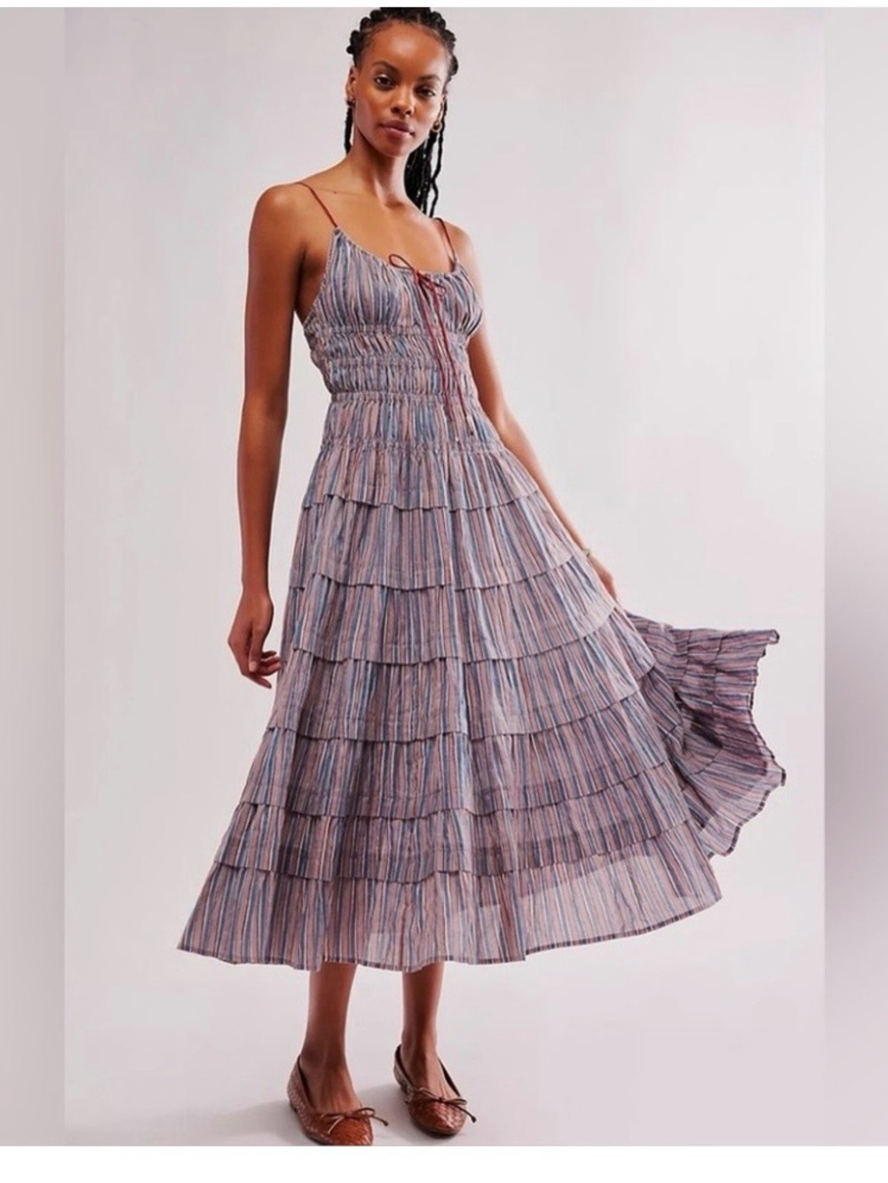 Free People Going Steady Striped Tiered Midi Dress - Blue/Purple